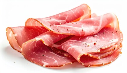 Thinly Sliced Cured Meat With Black Pepper Sprinkled On Top Against A White Background