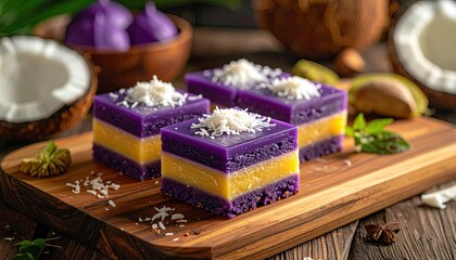 Thai Khanom Tan Toddy Palm Cakes Topped with Shredded Coconut Served in Bamboo Baskets on a Wooden Board with Fresh Coconuts and Mint Leaves