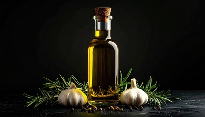 Golden Olive Oil Bottle with Garlic and Rosemary Sprigs on Dark Surface with Scattered Peppercorns and Salt Crystals Dark Background Studio Lighting