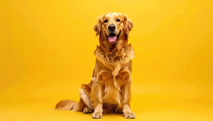 Golden Retriever Dog Sitting Happily Studio Portrait Against Solid Yellow Background Textured Fur Detail Cheerful Engaging Lighting Style
