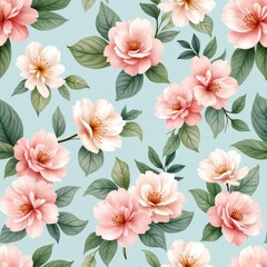 Seamless floral pattern displays soft pink, white flowers, green leaves. Calming light blue background. Gentle botanical design creates tranquil, natural spring summer atmosphere, ideal for elegant