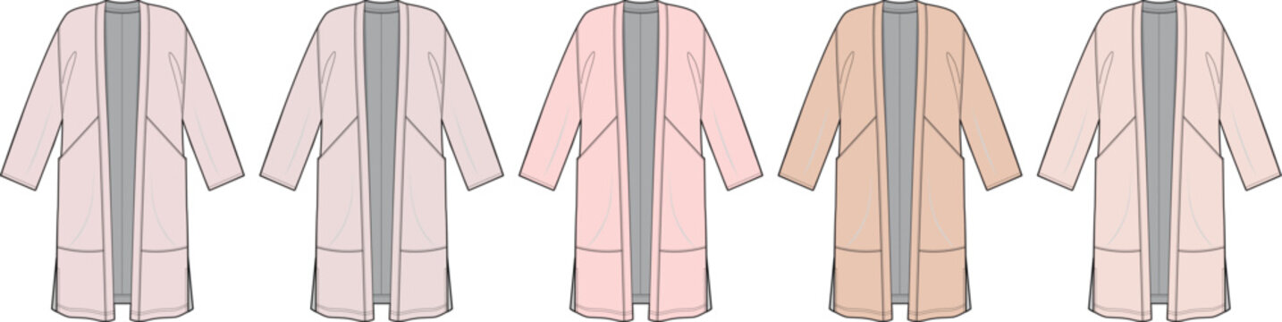 Collection of women's longline robe coat technical flat sketches in pastel colors. Fashion design template of a belted cardigan with shawl collar and pockets