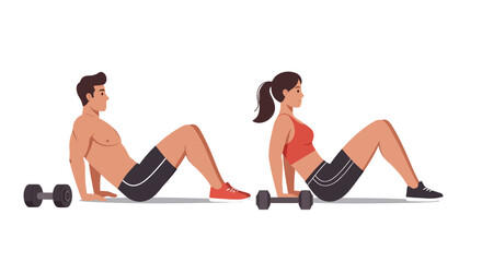 A man and a woman in athletic gear sitting on the floor preparing for a dumbbell workout.