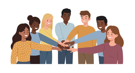 A diverse group of happy young people stacking their hands together as a symbol of unity, teamwork, and friendship.