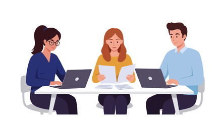 A team of three colleagues collaborating at a desk with laptops and documents in a modern office environment.