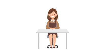 A cheerful cartoon woman with brown hair sitting at a white desk on a plain background.