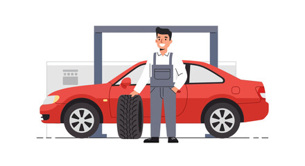 Friendly male mechanic in uniform holding a tire next to a red car on a lift in an auto repair shop.