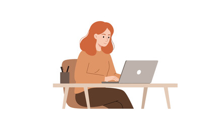 A young woman with red hair sitting at a desk and working on a laptop computer.