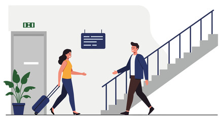 A man on a staircase waves to a woman with a rolling suitcase walking towards an exit door in a building lobby.
