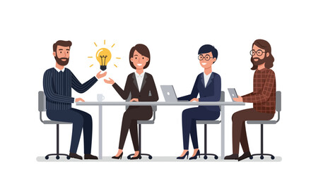 A team of business people in a meeting brainstorming and sharing a new creative idea represented by a lightbulb.