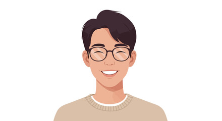 Illustrated portrait of a happy young East Asian man with dark hair and glasses smiling against a white background.