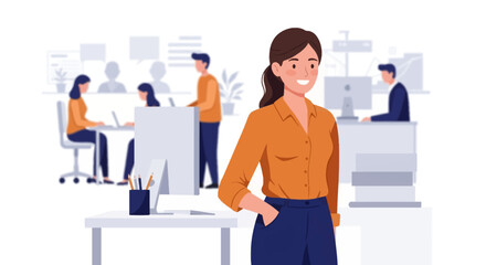 Confident businesswoman standing in a modern office with her team working in the background.