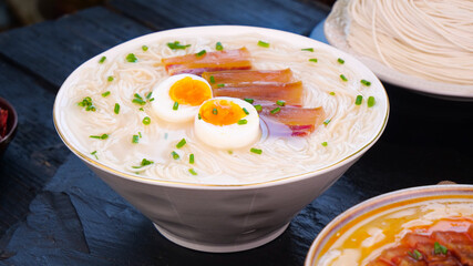 Homemade Ramen Bowl with Handrolled Noodles Bacon and Soft Boiled Egg Japanese Cuisine