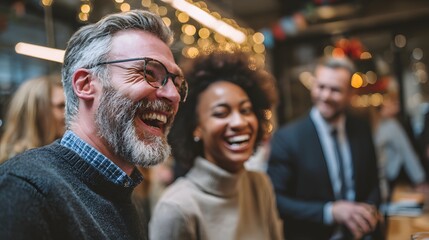 Obraz premium Professionals laughing together at festive workplace moment