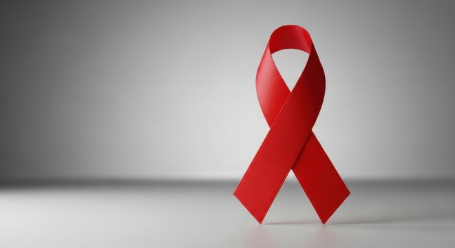 A 3D red HIV/AIDS awareness ribbon isolated on a grey gradient background. A minimalist symbol of support and solidarity. - Powered by Adobe