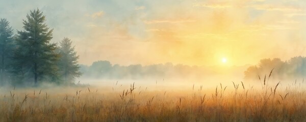 Naklejka premium Abstract watercolor painting shows foggy meadow landscape at sunrise. Golden sun glows through dense mist over field of tall grass. Tranquil serene nature scene with trees in background. Peaceful