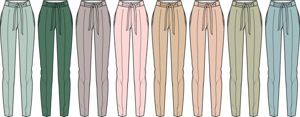 Fashion technical flat sketch of women's jogger pants. A versatile collection of comfortable loungewear in a muted color palette