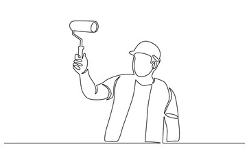 Continuous one line drawing of Man with protective helmet hold paint roller. Single line drawing illustration of Young guy with paint roller. Working man concept vector art. Doodle line illustration.