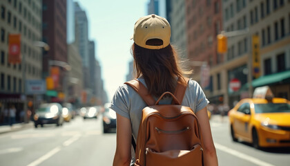 Woman with backpack walks on New York street. She wears cap looking at cityscape. Yellow taxi drives past on sunny day. Urban travel journey concept.
