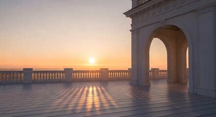 Fototapeta premium Serene Sunrise Overlooking the Sea from a Stone Balcony.