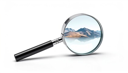 Magnifying Glass Focuses on Reflective Water and Distant Mountains Under a Clear Sky on a White Background