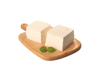 Fresh Tofu Blocks on Wooden Board with Mint Leaves - Vegan Protein Ingredient