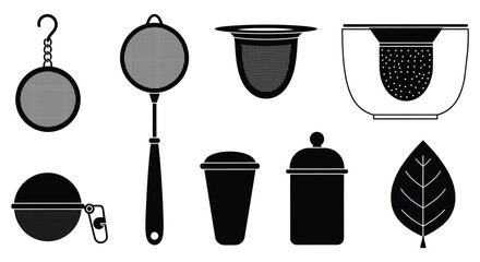 Silhouettes of tea accessories, including infusers, strainers, and a tea leaf