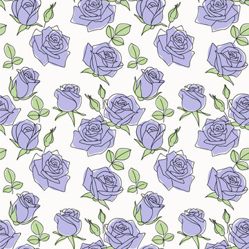 Seamless pattern with beautiful lilac rose bud and green leaves for dress fabric design on white background. Hand drawn flowers. Vector illustration. Not AI
