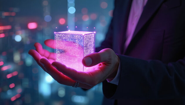 Business person holds glowing holographic cube in hands. Tech concept of data visualization, innovation, communication. The cube lights with pink and white lights. Digital world and future tech. - Powered by Adobe