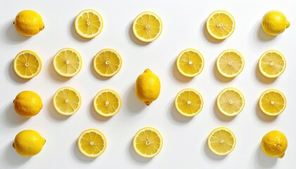 Pattern of Fresh Lemons and Sliced Lemons with Seeds and Pulp Scattered on a White Background Captured in Studio Lighting