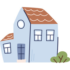 Simple Light Blue Cartoon House with Brown Roof and Green Bush Illustration on Transparent...