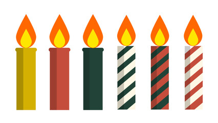 Christmas candles illustration set with colorful flat style holiday designs featuring striped and solid wax patterns in red, green, ivory, and gold, perfect for winter decorations.