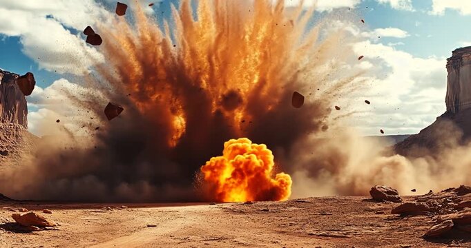 Large explosion in a desert landscape