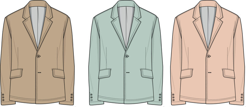 Vector illustration of three stylish blazers in different pastel colors, perfect for fashion design and apparel concepts
