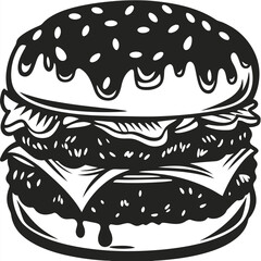 Black and white drawing displays a juicy double cheeseburger with dripping sauce on the side