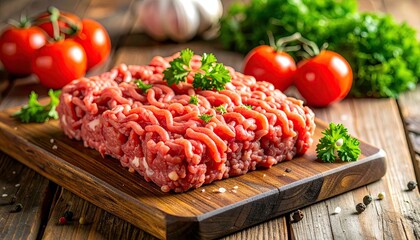 Raw Ground Beef Prepared For Cooking Seasoned With Parsley And Salt Garnished With Tomatoes And Garlic On A Rustic Wooden Cutting Board