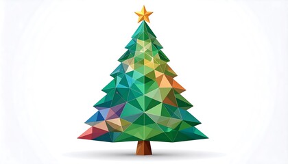 A vibrant, geometric rendering of a Christmas tree with a golden star atop, featuring a trunk and a backdrop