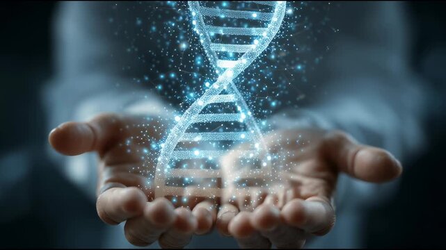 Una hebra de ADN fluorescente flota sobre la mano de un cient&iacute;fico. Investigaci&oacute;n en biotecnolog&iacute;a.