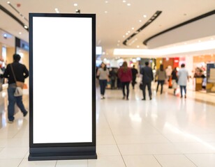 Blank kiosk stands tall in a shopping mall with blurred figures passing by