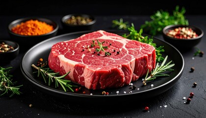 Raw Marbled Beef Steak Prepared for Cooking Garnished with Rosemary and Spices on a Black Plate Against a Dark Background