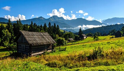 Rustic wooden cabin nestled in a sunlit green meadow surrounded by lush forest and distant misty mountains under a clear blue sky with dynamic clouds