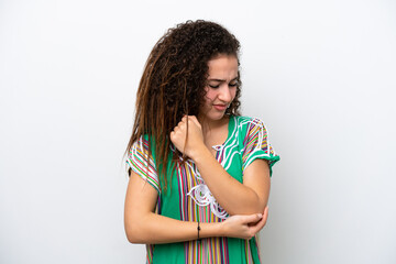 Young Arab woman isolated on white background with pain in elbow
