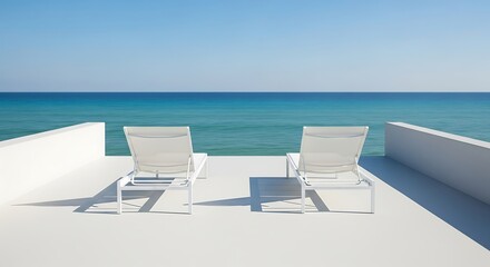 Fototapeta premium Two white lounge chairs overlooking the ocean on a sunny day.