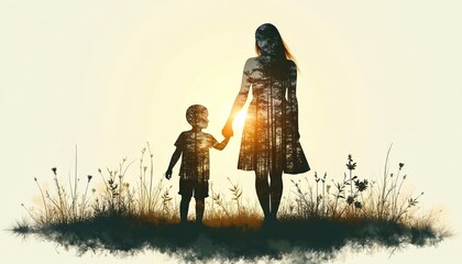 Double exposure shows mother, child. Silhouettes filled with nature imagery suggest connection. Conceptual image evokes emotion love family. Symbolic photo of bonding parenthood life artistic