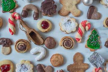Christmas cookies baking on wooden background