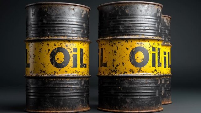 Three barrels of oil are stacked on top of each other. The barrels are black and yellow, and the word "oil" is written on them. Concept of importance and value