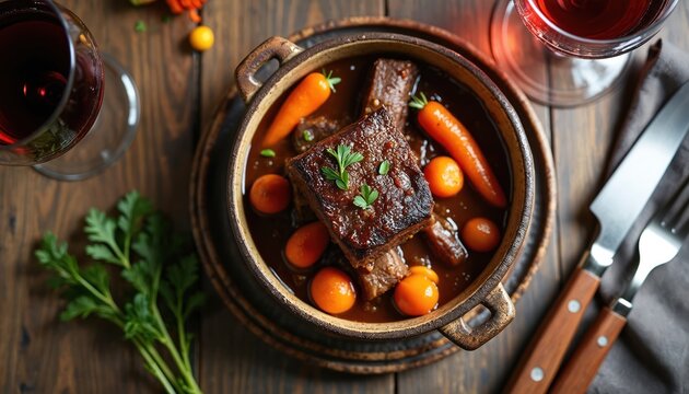 Top view of hearty beef Bourguignon stew in rustic pot on wood table. Rich braised meat with carrots, small onions, fresh parsley garnish. Red wine glasses, cutlery next to warm meal. Comforting