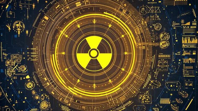 Nuclear Symbol Illustration: A vivid illustration of a nuclear symbol at the heart of intricate circuits, sparking thought about energy, science, and the power of atomic research. 