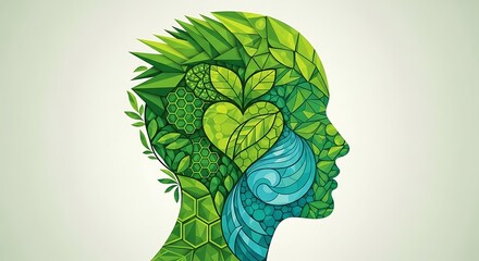 Green head with heart and nature elements