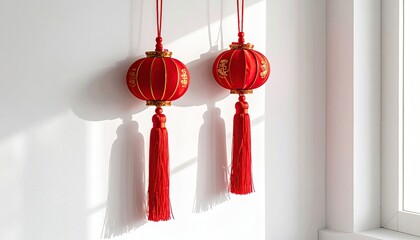 Two Red Chinese Lanterns With Gold Embellishments Hanging Indoors With Sunlight Streaming Through A Window Casting Shadows On The Wall